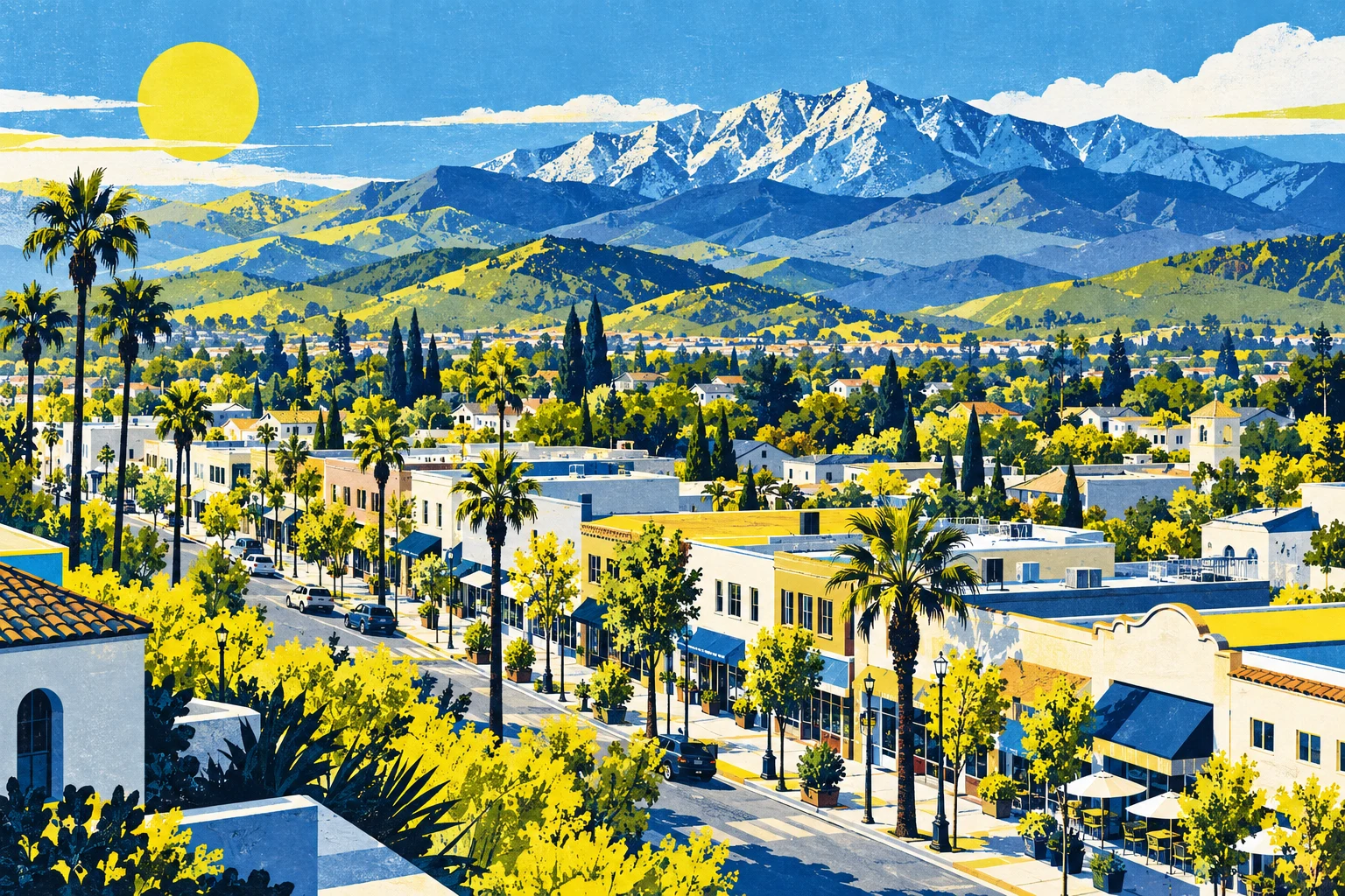 Editorial collage of a California town with blue mountains, leafy streets and a bright yellow sun.